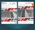 Two sided brochure or flayer template design with exterior blurred black and white photo elements. Mock-up cover in black-red abst
